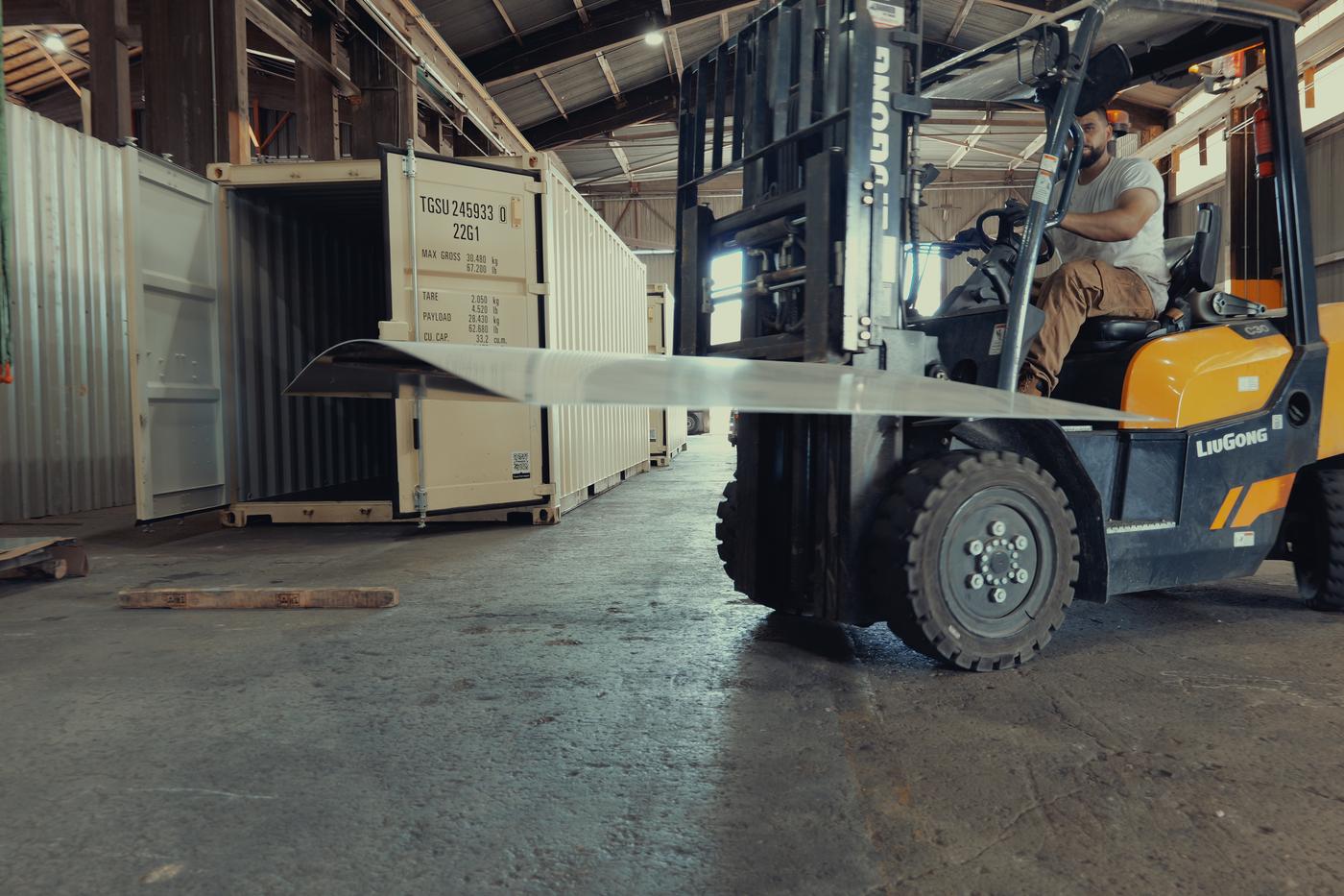 Sheet stock carried into the shop by forklift