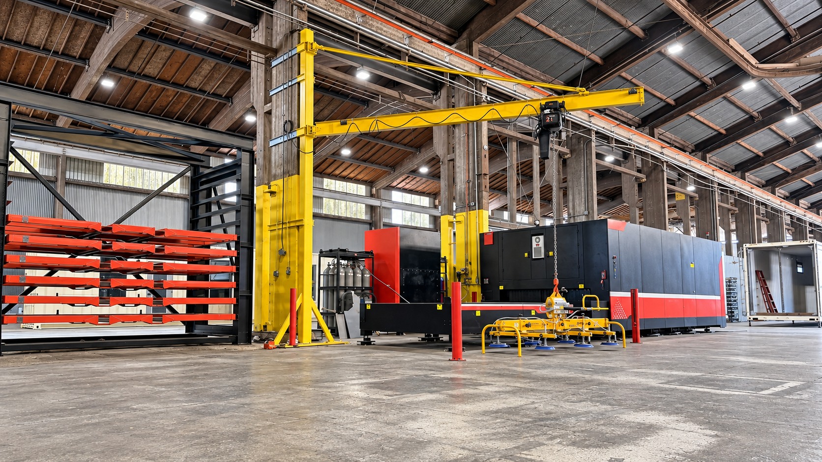The Forma Systems fabrication shop with laser cutting equipment, material racks, and overhead handling equipment