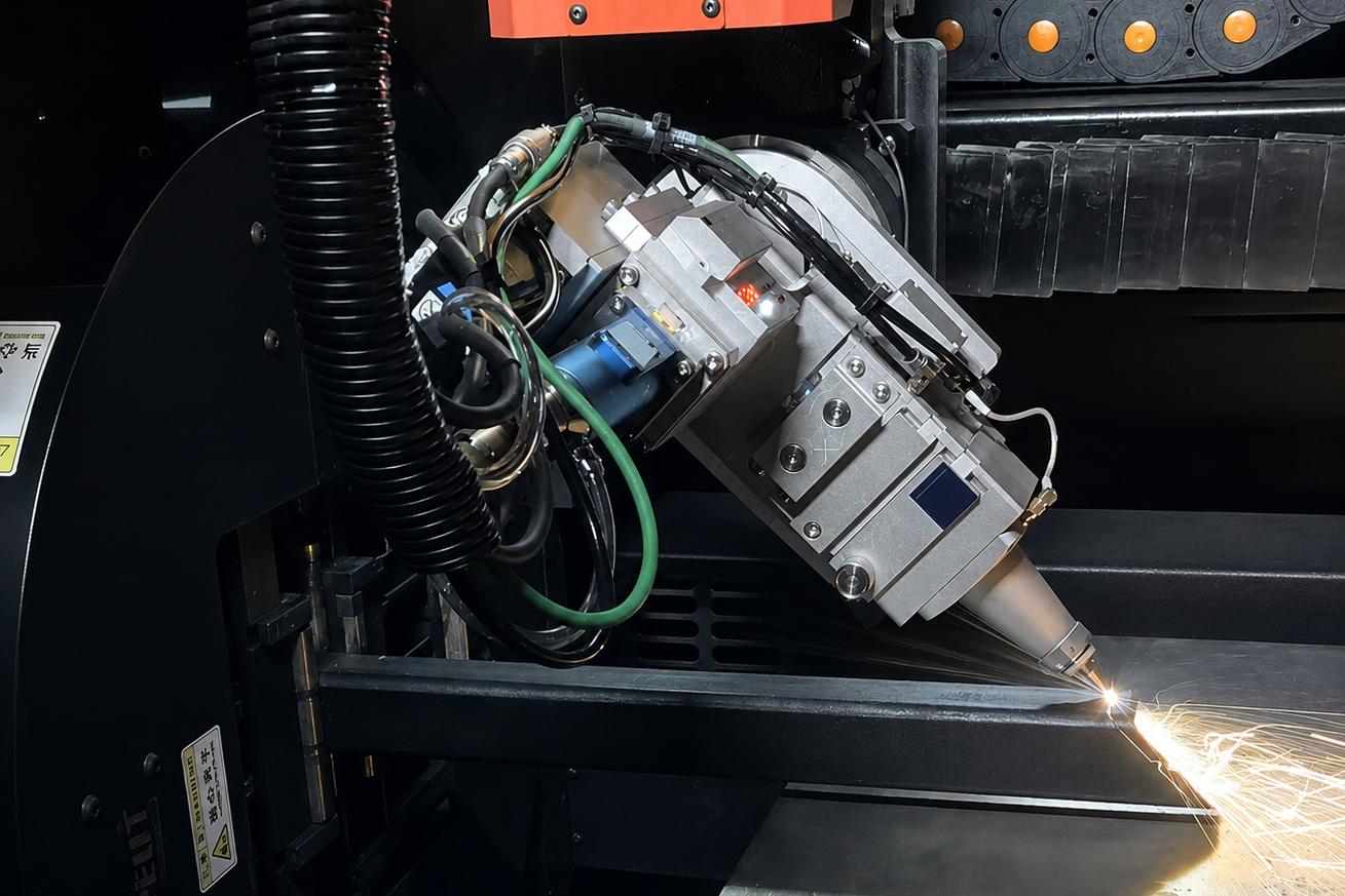 Angled laser head cutting, sparks trailing